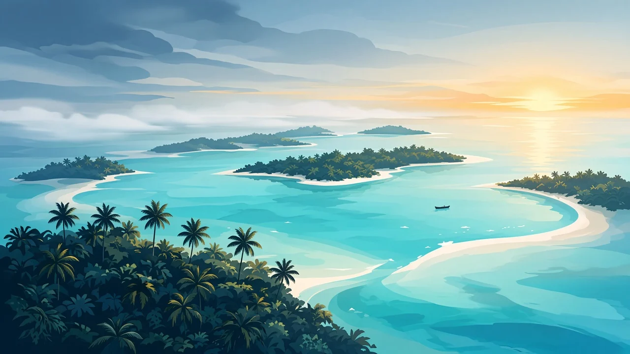 Bright flat Baa island with palms, lagoon bands, and soft gold sun disc UNESCO-biosphere mood