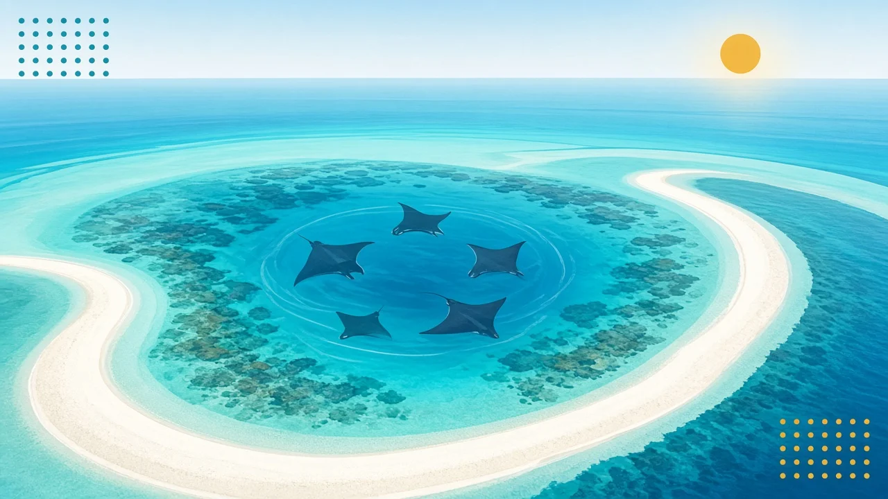 Circular keyhole bay with manta feeding silhouettes, white sand rim, graphic poster style