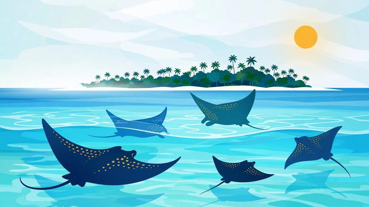 Bright travel-poster of flat Baa Atoll lagoon with reef-manta silhouettes under clear shallow water