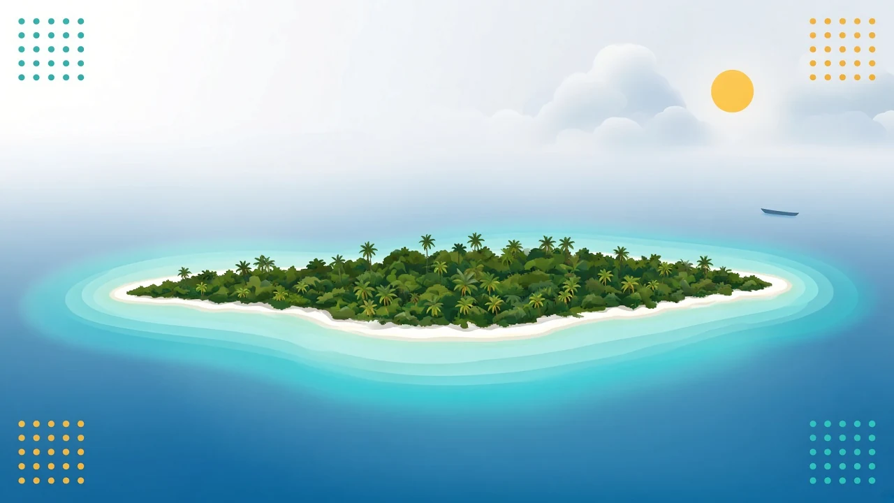 Bright travel-poster of a sunny dry-season Maldives lagoon with white sand flat atoll and gold sun