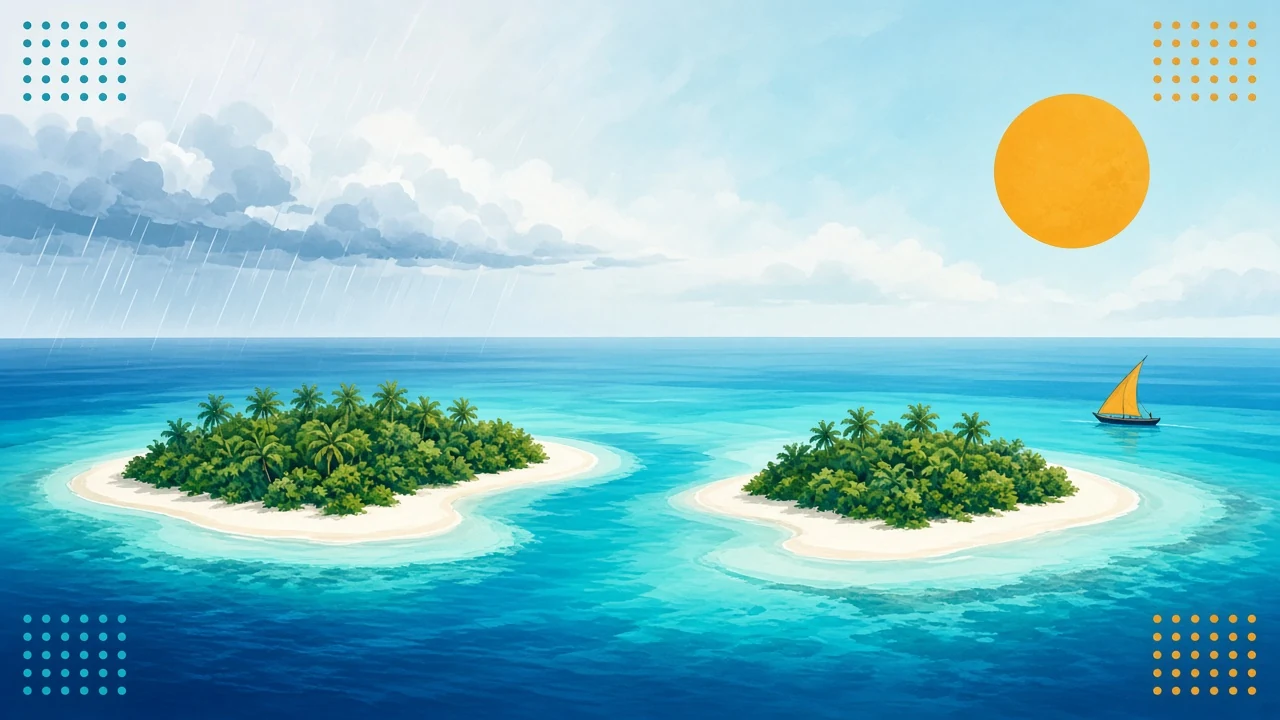 Bright travel-poster of twin flat Maldives atolls under a gold sun and soft shower clouds