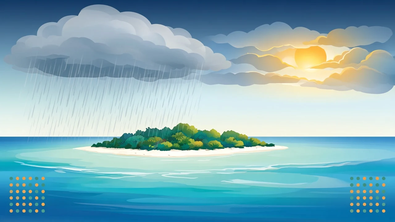 Bright travel-poster of a Maldives flat atoll under soft wet-season showers with a gold sun breaking through
