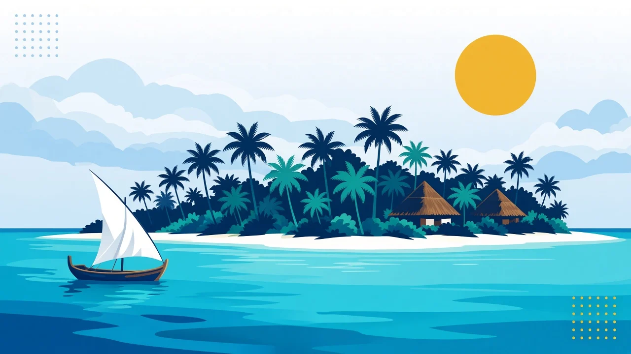 Local island silhouette with lagoon and small boat, travel-poster style