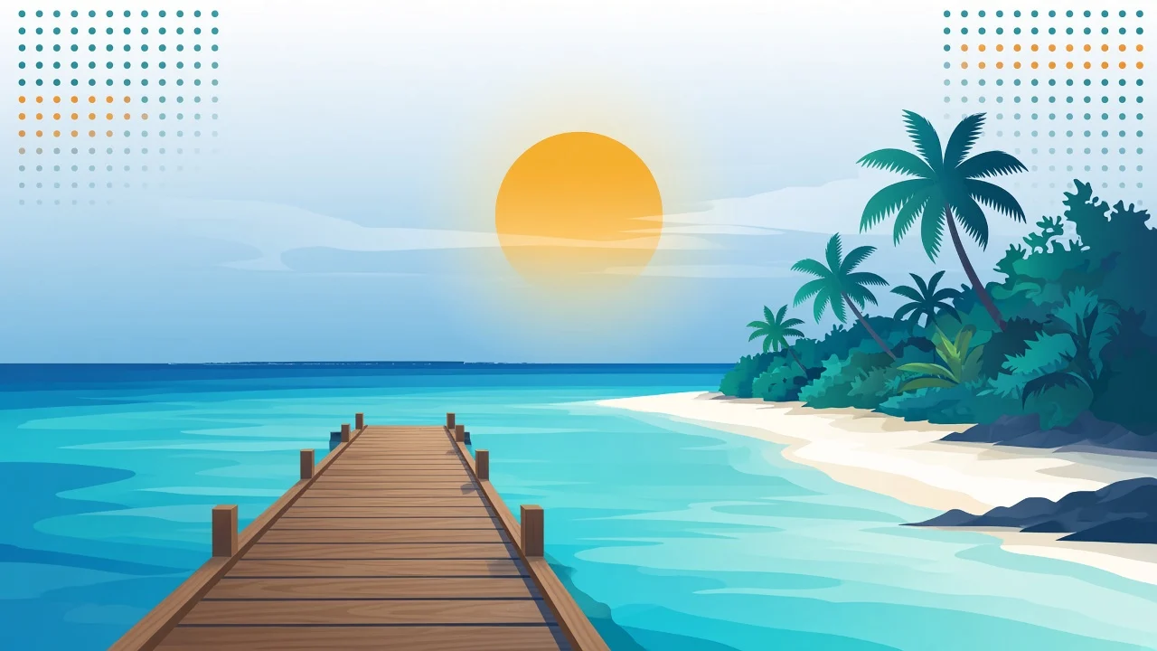 Editorial travel-poster view of a calm Maldives jetty and lagoon at arrival