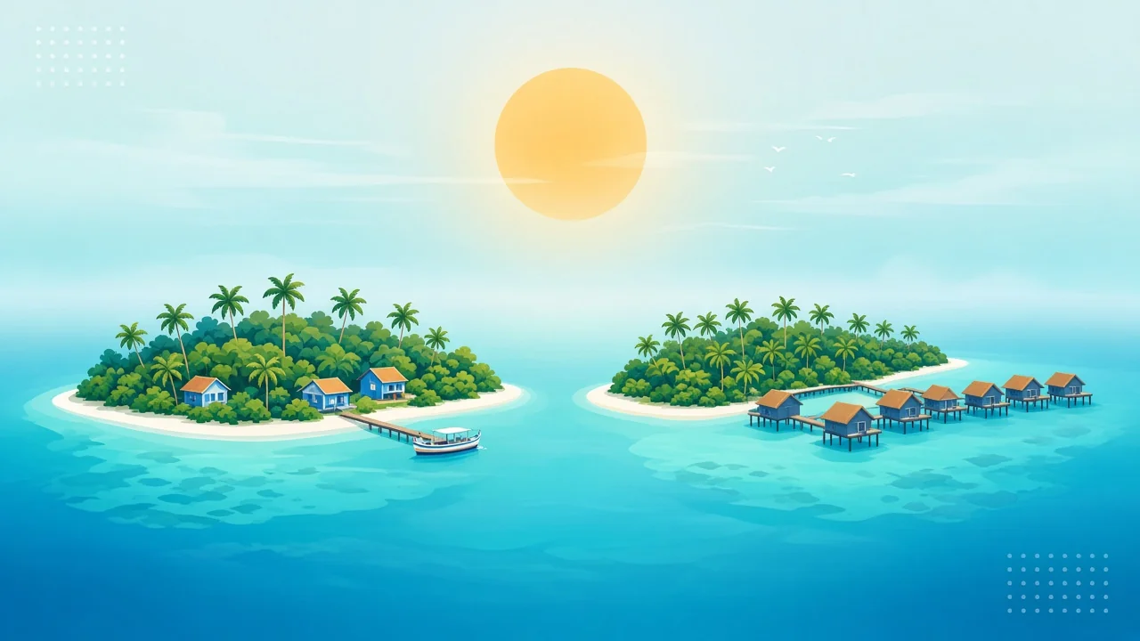 Travel poster illustration of a Maldives local island harbour beside a private resort lagoon with overwater villas, under a gold sun