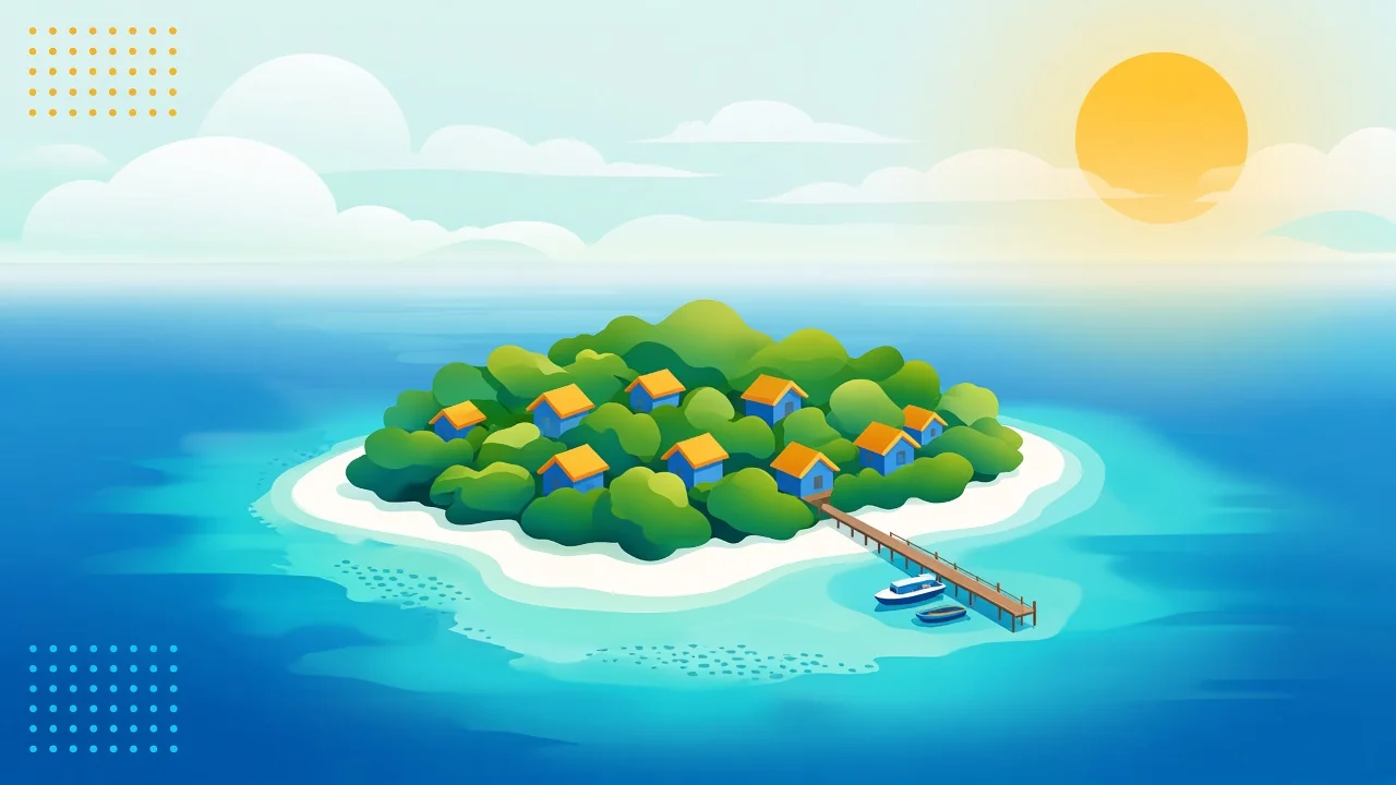 Travel poster illustration of an inhabited Maldives local island with a jetty, small guesthouses, white sand and tall palm trees