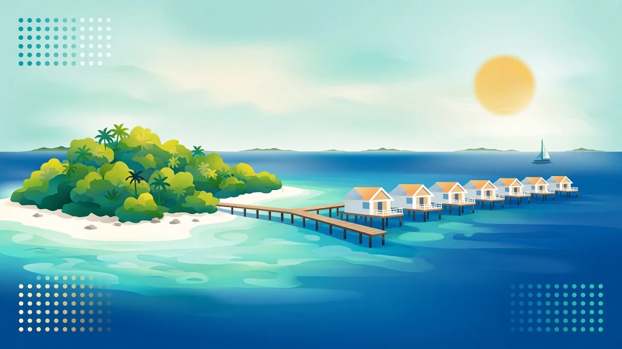 Travel poster illustration of a private Maldives resort island with a line of overwater villas in a turquoise lagoon