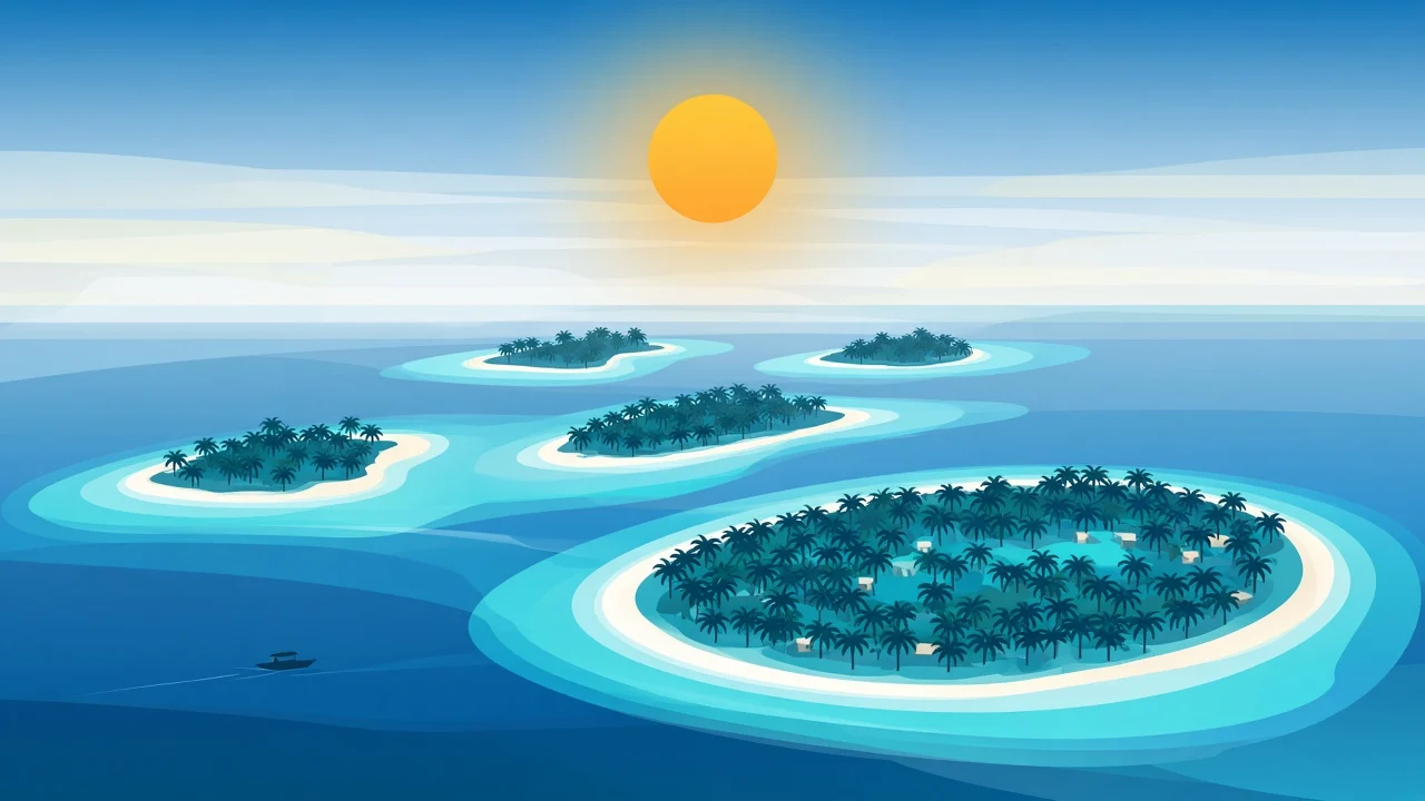 Travel-poster illustration of local Maldives islands near Malé with lagoon and boats