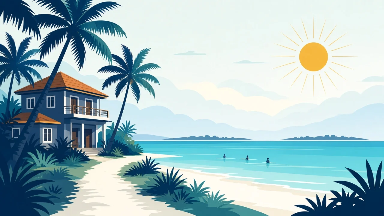 Guesthouse rooftops and lagoon on a local island, editorial poster style
