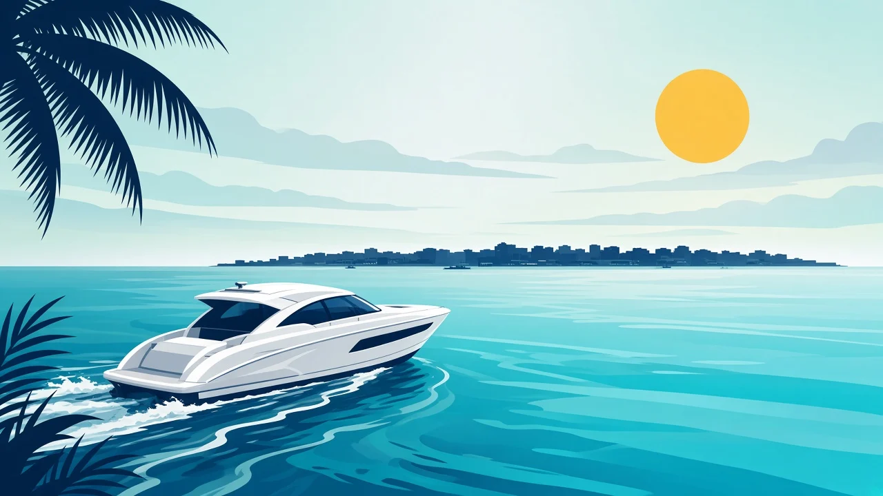 Speedboat wake leaving Malé skyline toward nearby local islands