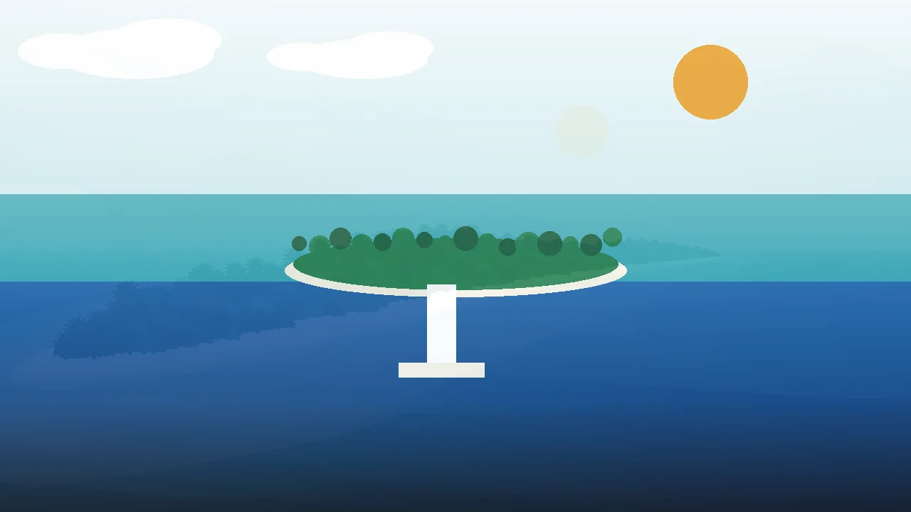 Quiet jetty on a calm flat atoll, sunny travel-poster style