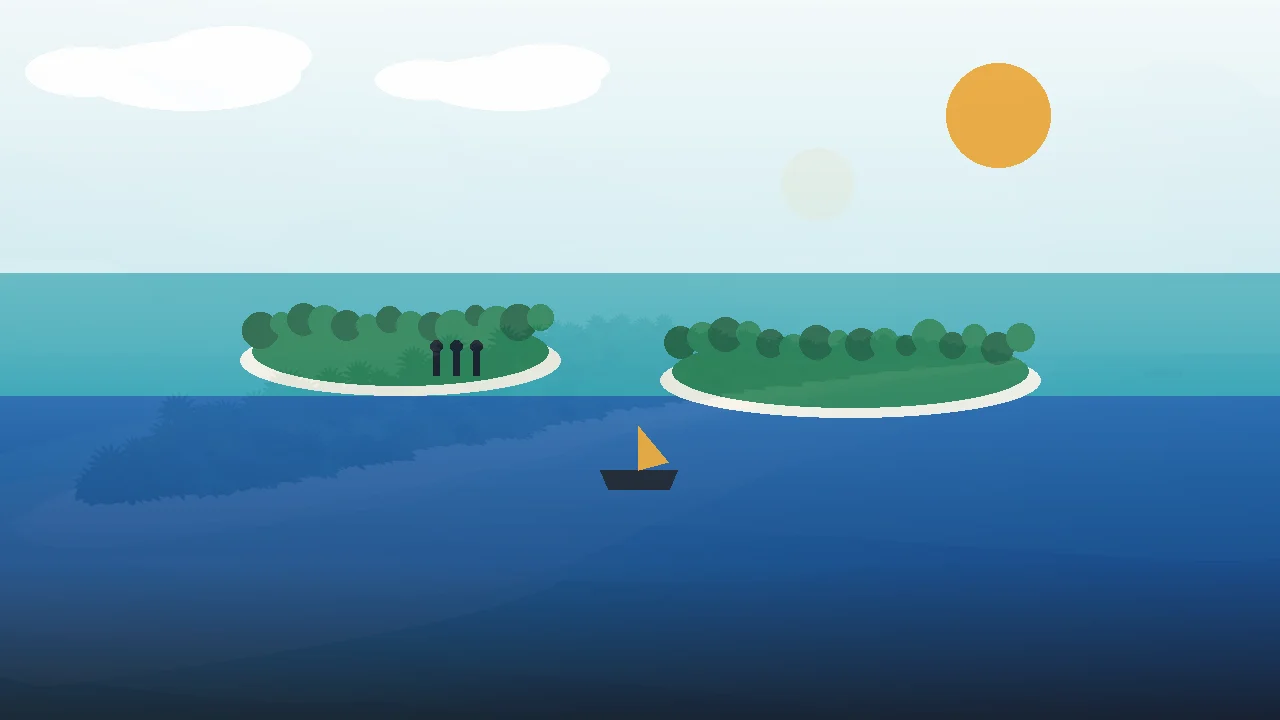 Twin flat islands with distant family silhouettes and sailboat