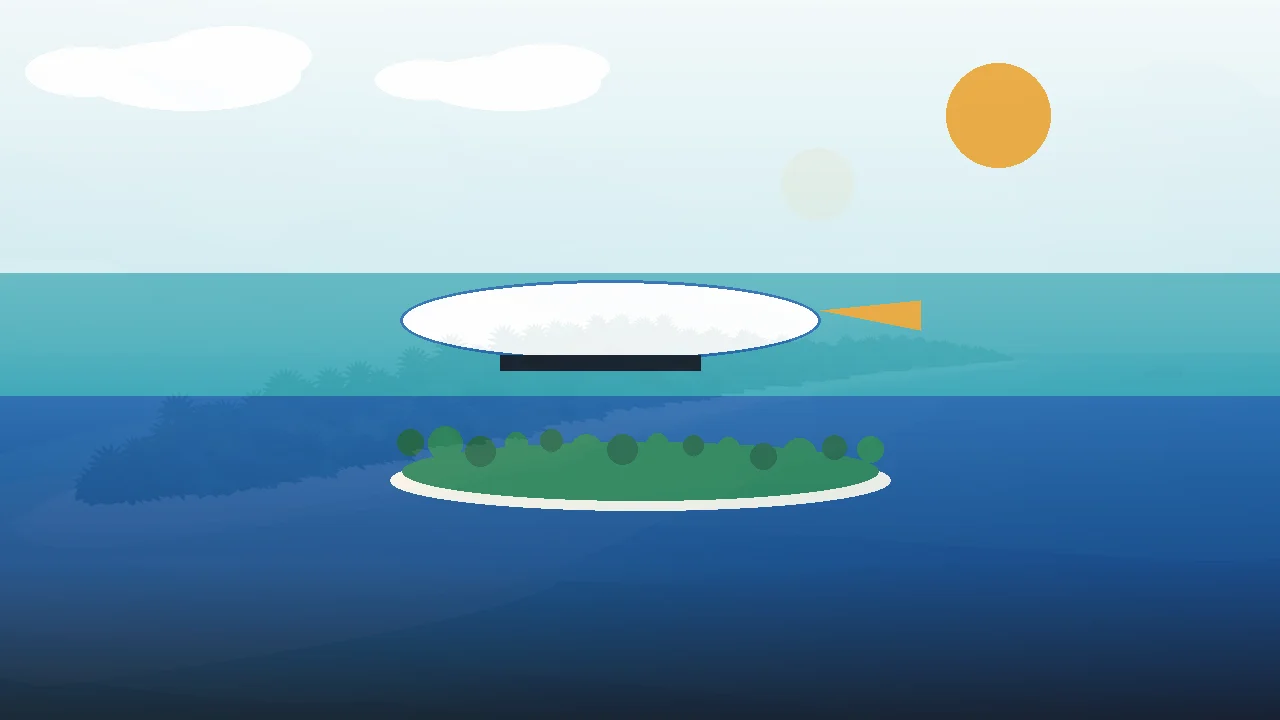 Seaplane silhouette above a bright flat atoll