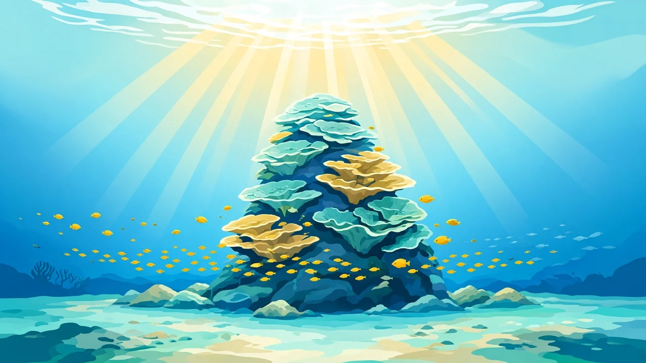 Daytime thila pinnacle and reef shapes in Avi Holidays poster colours