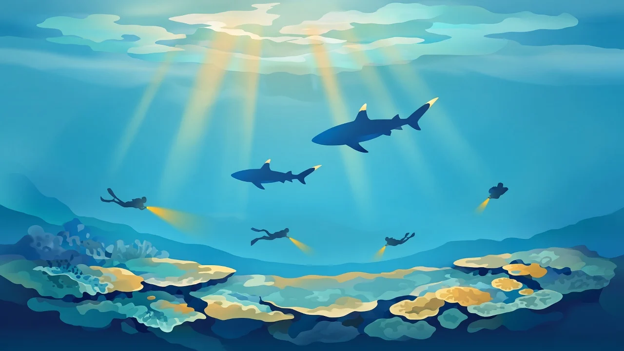 Night-dive travel-poster of Maaya Thila with torch beams and shark silhouettes