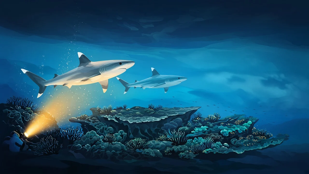 Whitetip reef shark silhouettes in a torch-lit night reef illustration