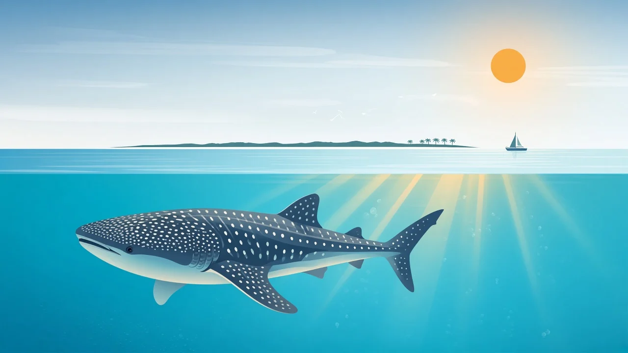 Travel-poster whale shark silhouette beneath a snorkel boat in South Ari lagoon colours