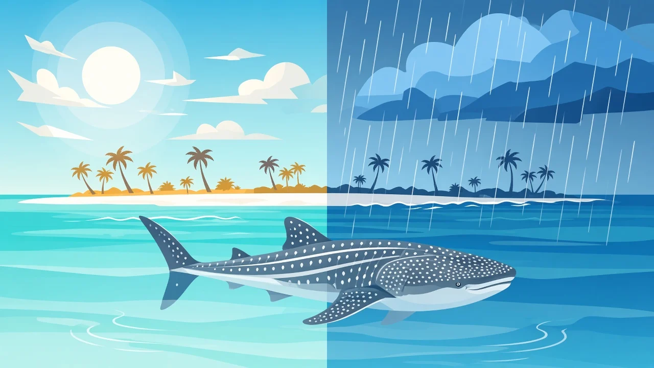 Split calm-versus-monsoon lagoon mood for whale shark season planning