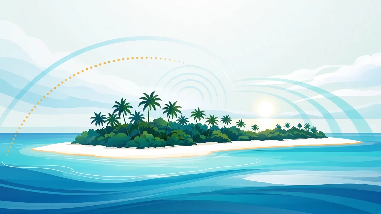 Soft connectivity arcs over a bright flat Maldives island with palms and lagoon