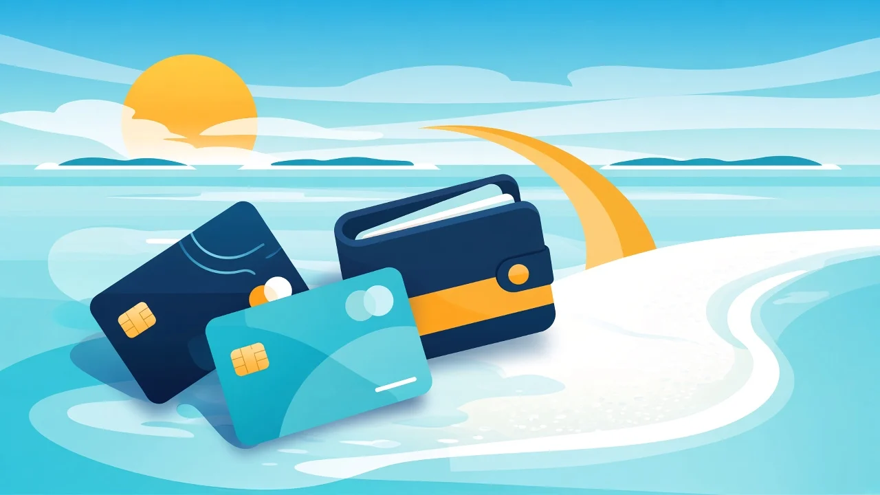 Abstract cards and wallet icons over a flat white-sand Maldives lagoon poster