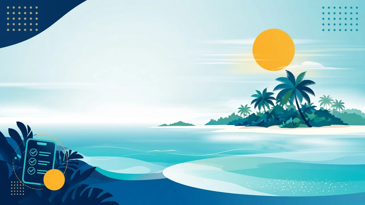 Bright travel-poster Maldives atoll with phone checklist motif, white sand and lagoon