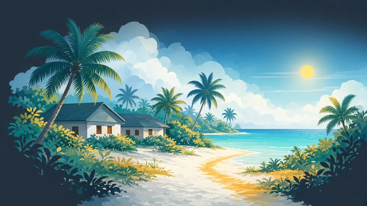 Bright travel-poster of a local guesthouse and village-beach stay on a low flat Dhigurah-style atoll