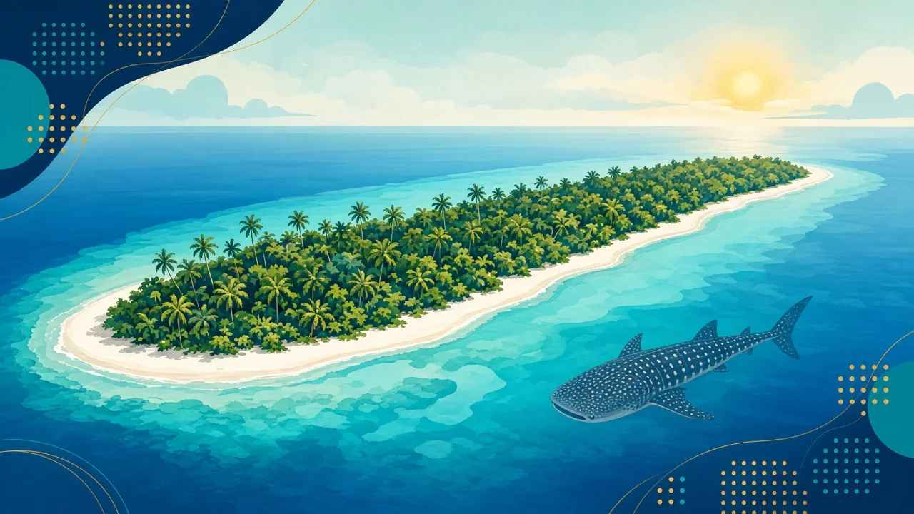 Bright travel-poster of a long Dhigurah-style sandbank island with a whale shark silhouette in lagoon colours