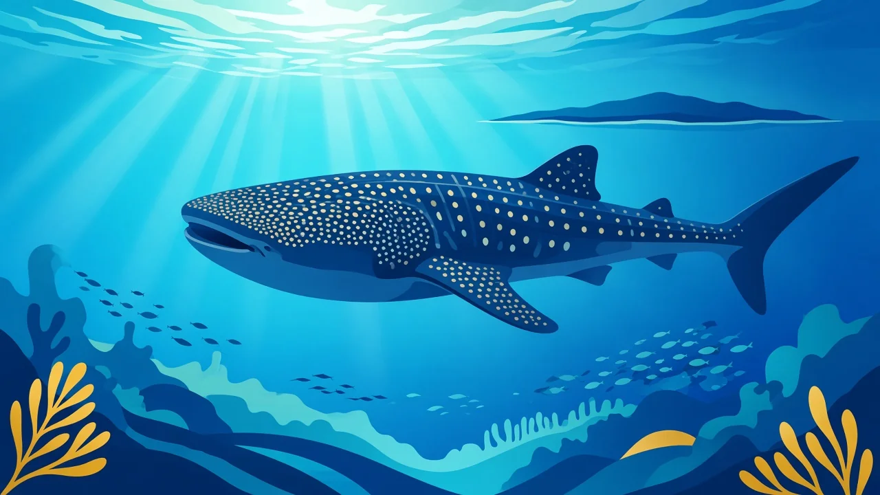 Graphic travel-poster of an underwater whale shark silhouette with luminous teal water and gold light accents