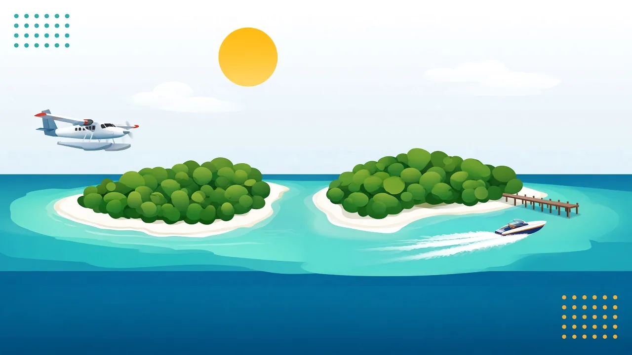 Travel poster illustration of a Maldives seaplane and a speedboat crossing two flat atolls under a gold sun
