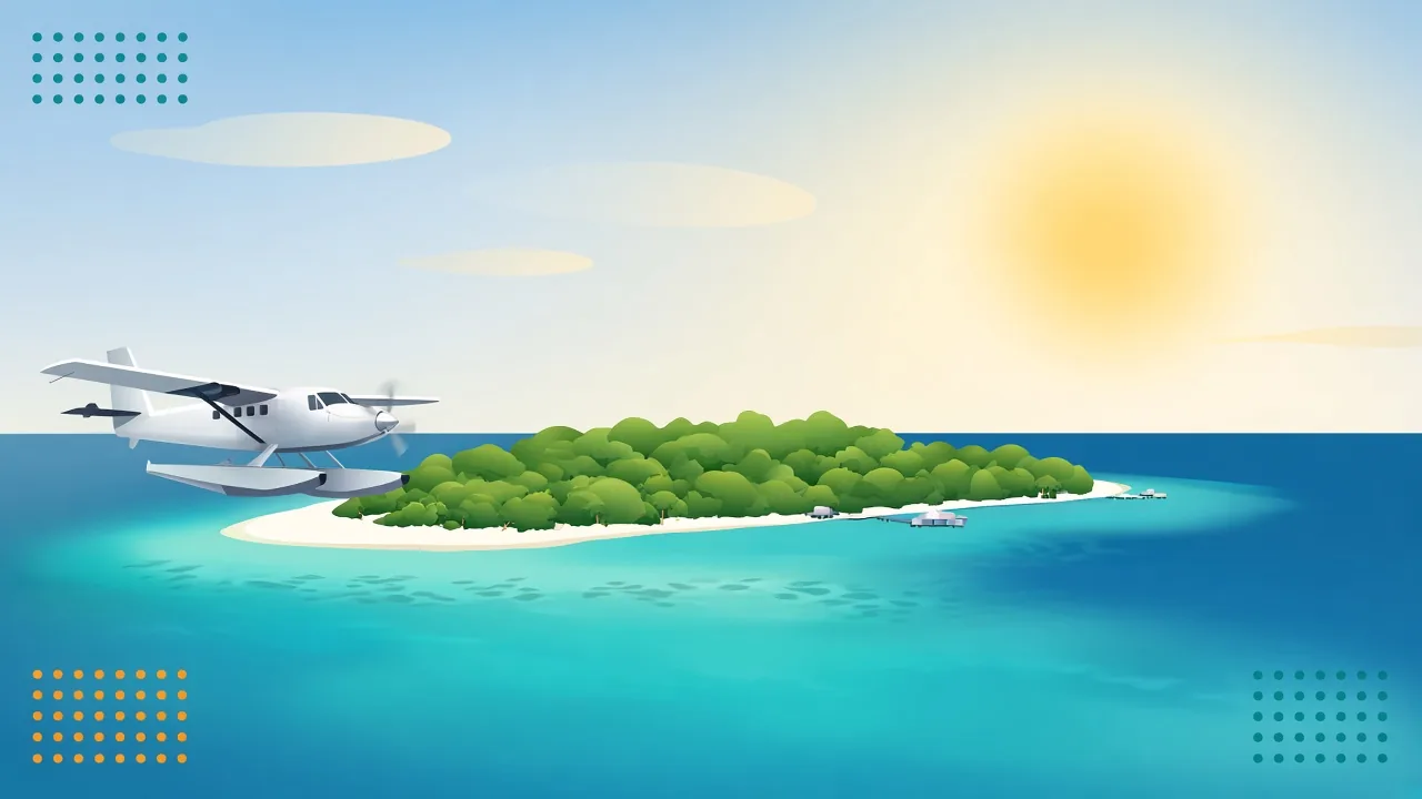 Travel poster illustration of a seaplane with twin floats coming in to land beside a flat Maldives island in a turquoise lagoon