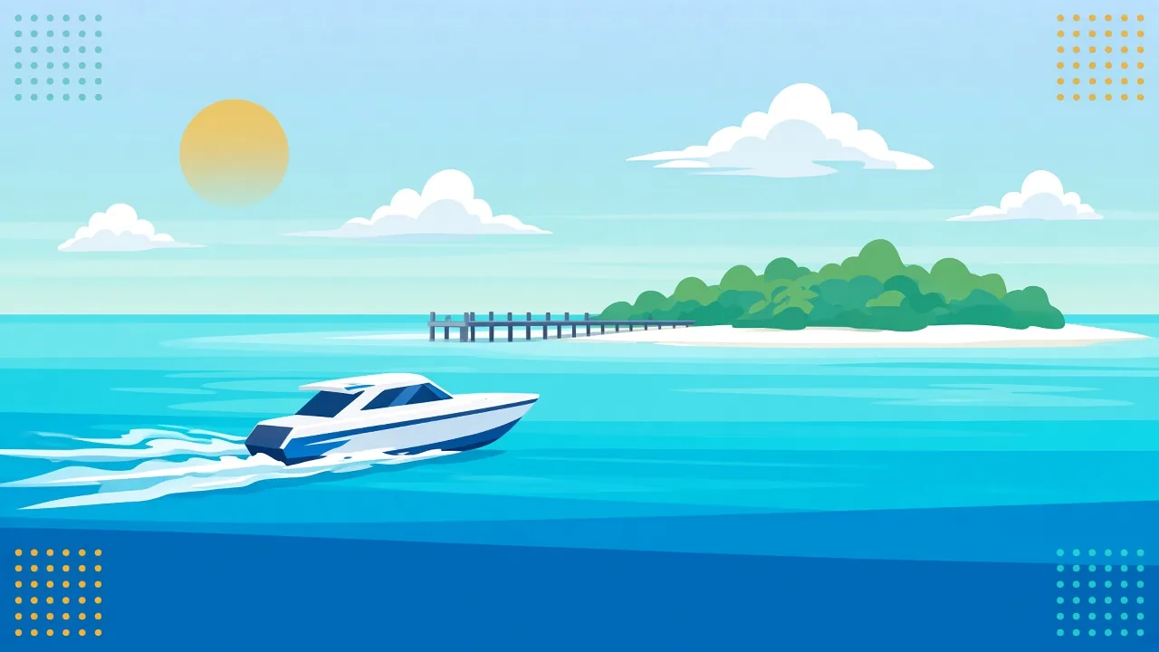 Travel poster illustration of a Maldives speedboat crossing turquoise water towards the jetty of a flat white sand island